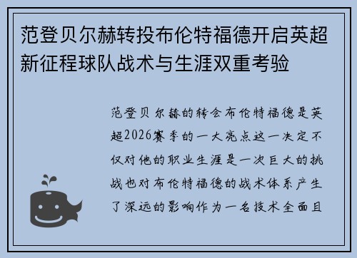 范登贝尔赫转投布伦特福德开启英超新征程球队战术与生涯双重考验